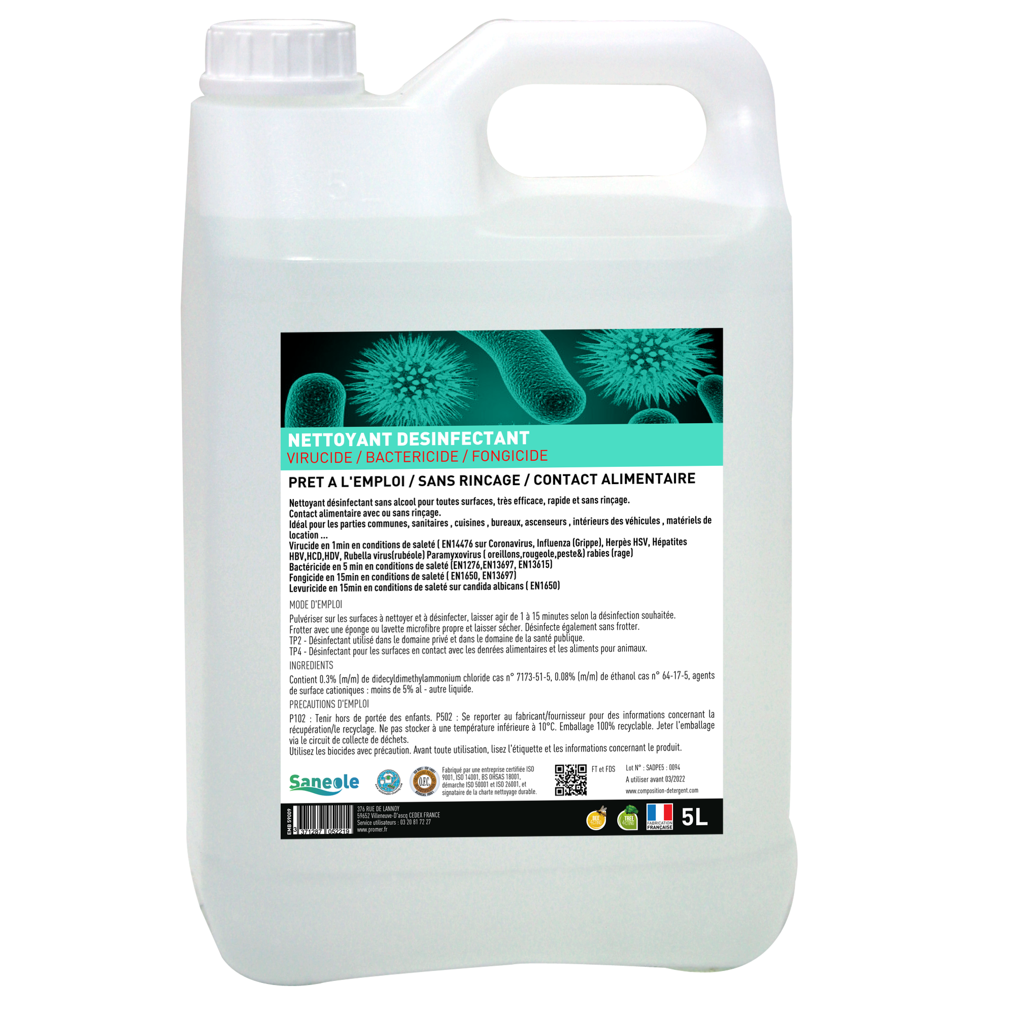 Nettoyant désinfectant virucide et bactéricide 5L - Reservoir TP